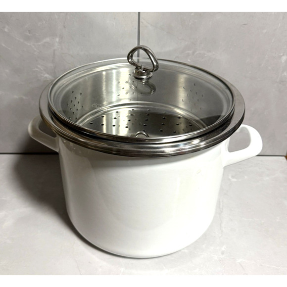 Vintage Chantal 9 Qt Stockpot w/ Steamer Insert #33-240S White Enamel Germany - Picture 2 of 10